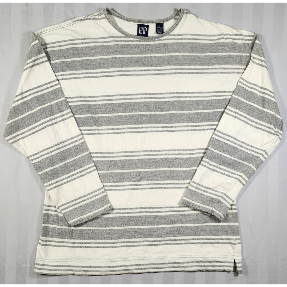 Vintage GAP Mens Striped Long Sleeve T-Shirt Grey White Cotton Made USA L Crew